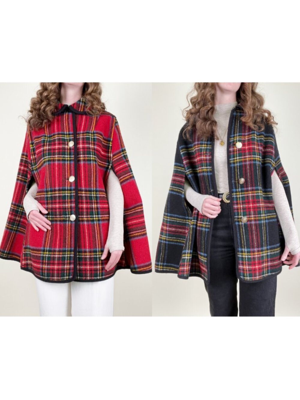 Vintage 70s Reversible Tartan Plaid Poncho Jacket Cape Coat Preppy Christmas